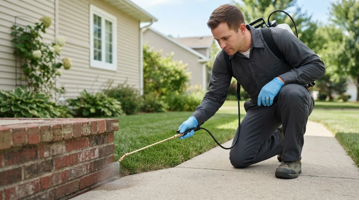 Pest control technician treating a home near East Weymouth, MA